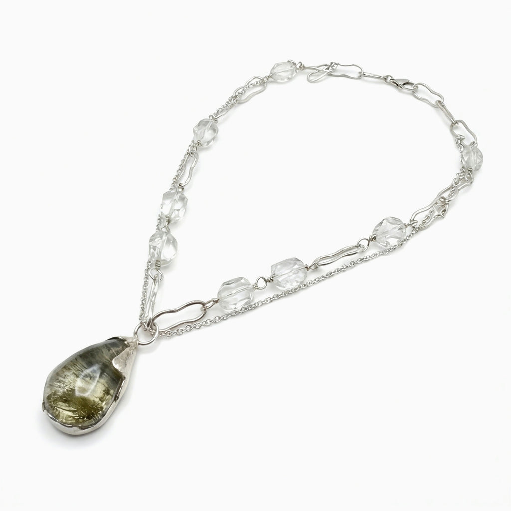 綠幽靈白水晶包鑲工藝重工銀項鏈