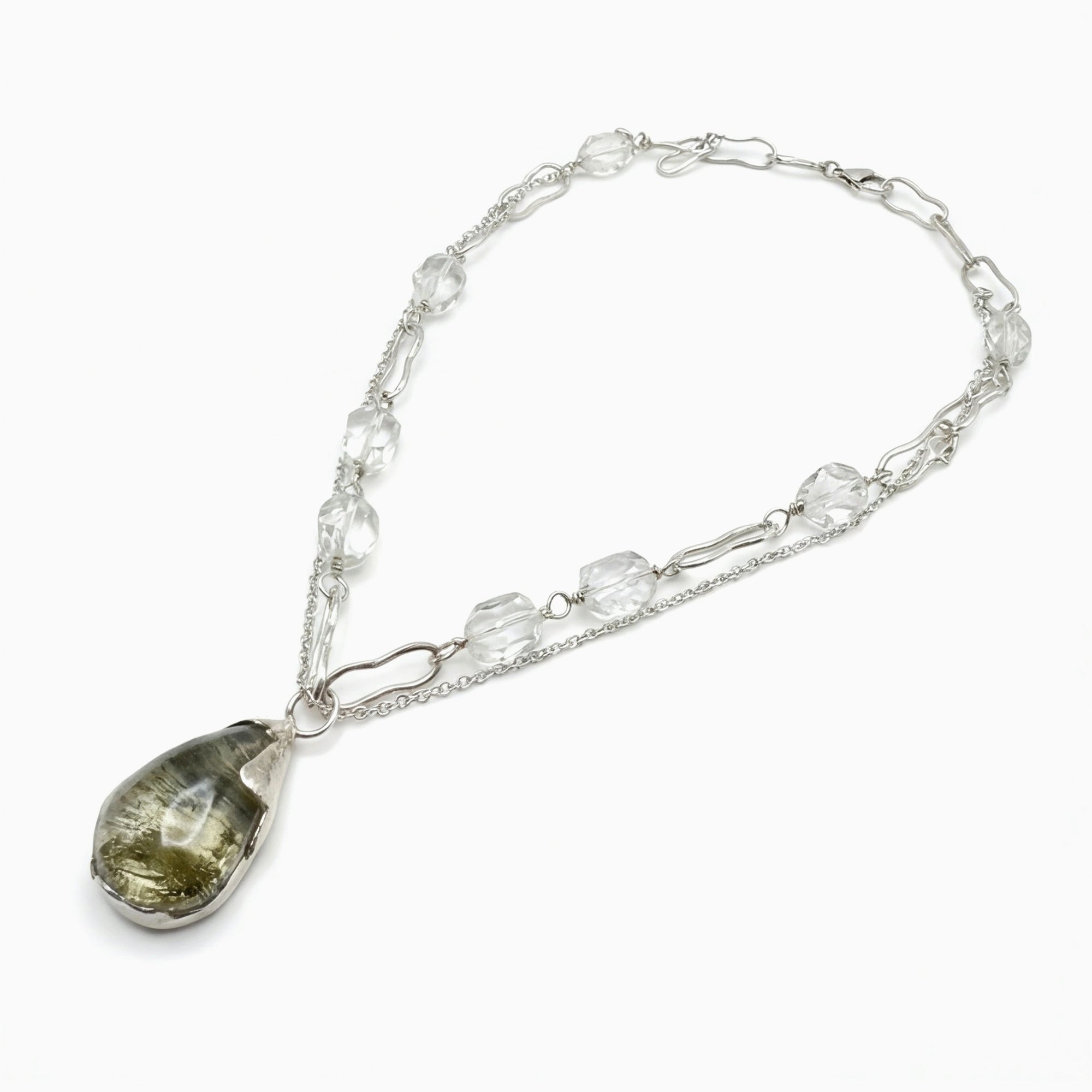 綠幽靈白水晶包鑲工藝重工銀項鏈